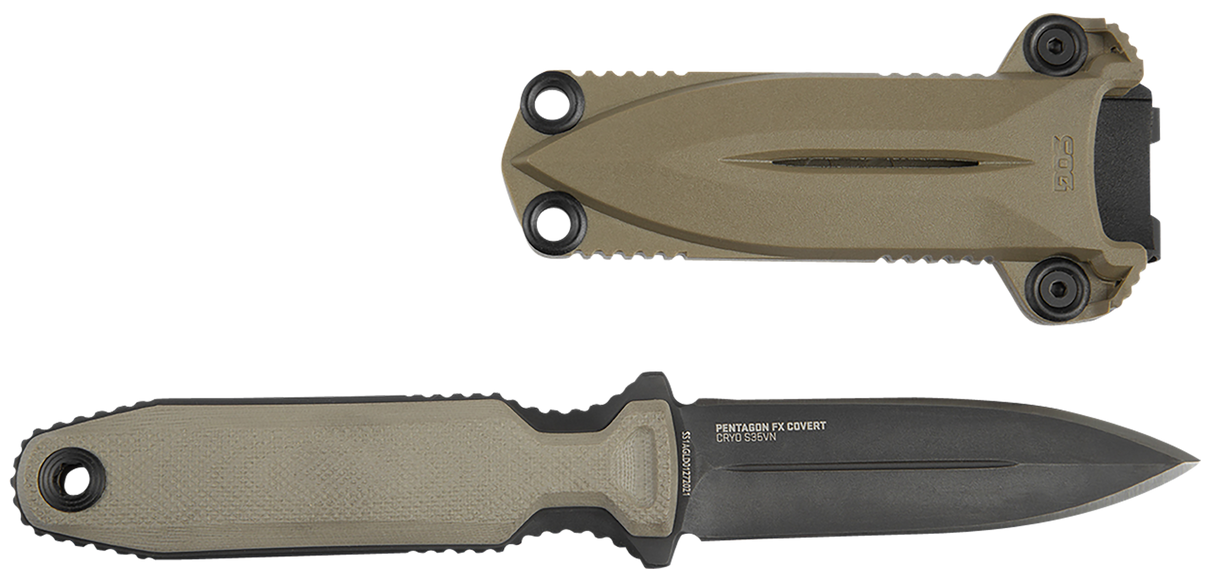 S.O.G SOG17610457 Pentagon FX Covert 3.41" Fixed Spear Point Plain Black Titanium Nitride Cryo CPM S35VN Blade/G10 Flat Dark Earth Handle