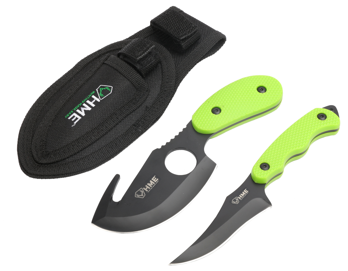 HME HMEKN2PSGC Skinning Kit3.50" Fixed Skinner w/Gut Hook/Caping Plain/Gut Hook Black Oxide 420HC Blade TPR Green Handle