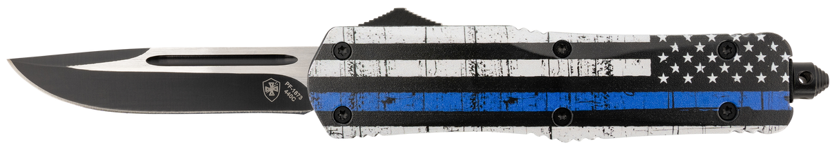 Templar Knife LBTB331 Back The Blue Gen II Large 3.50" OTF Drop Point Plain Black Oxide Stonewashed 440C SS Blade/ 5.25" Black & White w/Blue Line Aluminum Handle Features Glass Breaker Includes Pocket Clip/Sheath