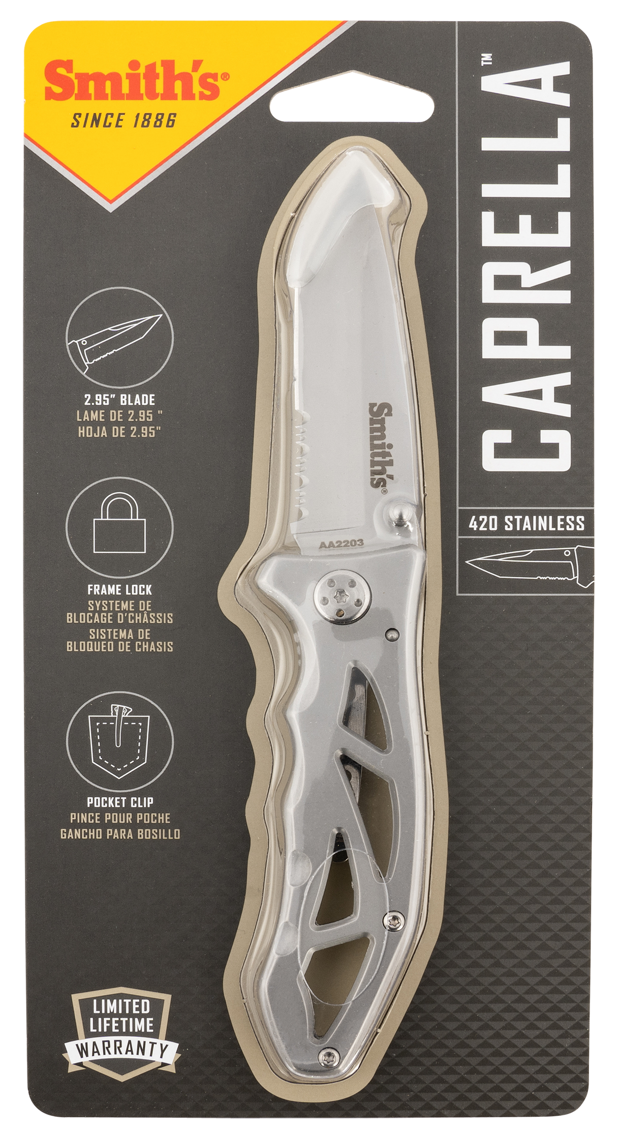 Smiths Products 51009 Caprella2.95" Folding Drop Point Part Serrated Bead Blasted 400 SS Blade/Silver Skeletonized Stainless Steel Handle Includes Pocket Clip