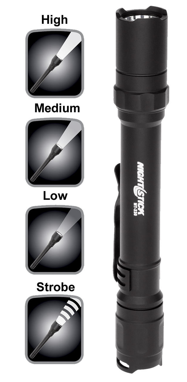 Nightstick MT220 MT-220 Mini-TAC Pro Black Anodized Hardcoat Aluminum White LED 90/130/265 Lumens 100 Meters Beam Distance