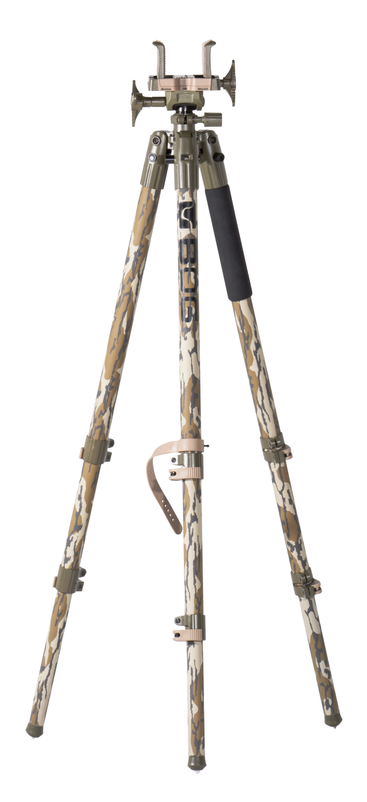 Bog-Pod 1164398 DeathGripTripod made of Mossy Oak Bottomland Finish Aluminum with Steel Feet, 360 Degree Pan, Integrated Bubble Level & Lever-Leg Locks