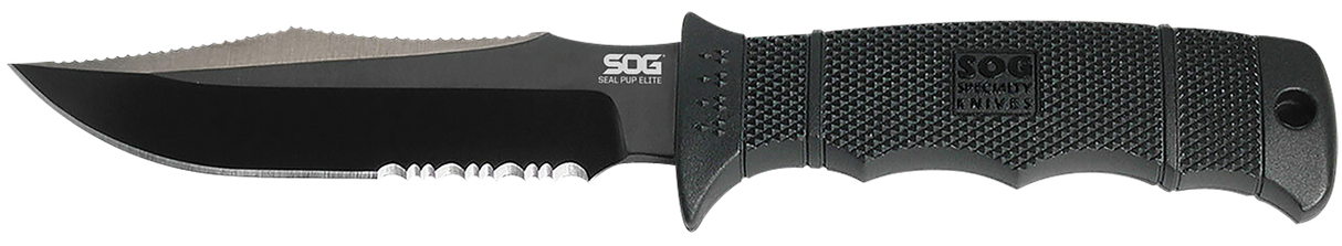 S.O.G SOGE37TK Seal Pup Elite 4.85" Fixed Clip Point Part Serrated Black Hardcased TiCN AUS-8A SS Blade/Black w/Grip Lines GRN Handle Includes Lanyard/Sheath