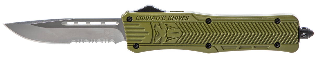 CobraTec Knives MODCTK1MDS CTK-1Medium 3" OTF Drop Point Part Serrated D2 Steel Blade/OD Green Aluminum Handle Features Glass Breaker Includes Pocket Clip