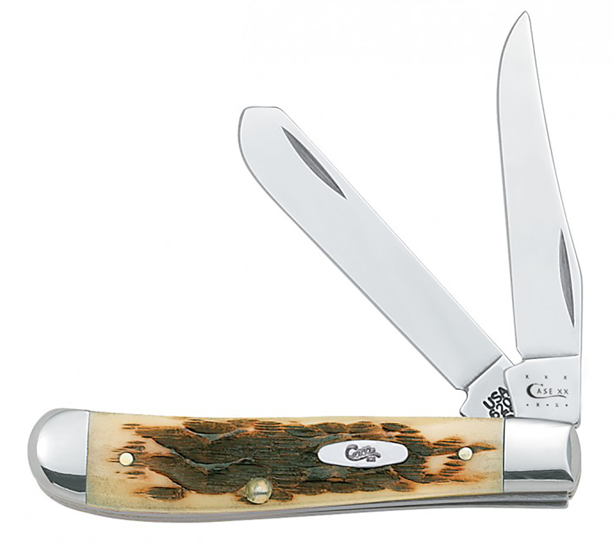 Case 00013 TrapperMini 2.70"/2.75" Folding Clip Point/Spey Plain Mirror Polished Tru-Sharp SS Blade/ Peach Seed Jigged Amber Bone Handle