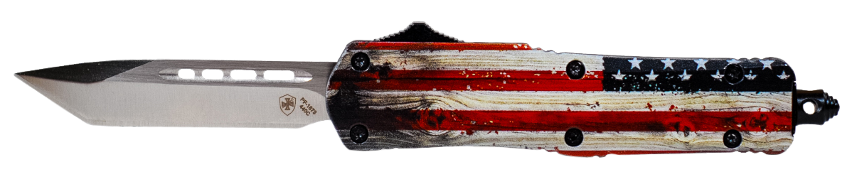 Templar Knife SWUS232 Wood US Flag Gen II Small 2.69" OTF Tanto Plain Powder Coated 440C SS Blade/ 4.31" Painted Wood Grain US Flag Aluminum Handle Features Glass Breaker Includes Pocket Clip/Sheath
