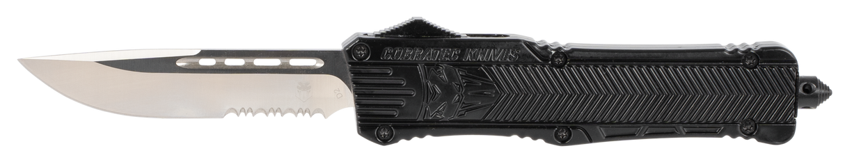 CobraTec Knives LBCTK1LDS CTK-1Large 3.75" OTF Drop Point Part Serrated D2 Steel Blade/ Black Aluminum Handle Features Glass Breaker Includes Pocket Clip