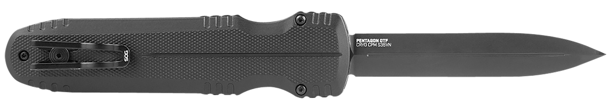 S.O.G SOG15610157 Pentagon Auto 3.79" OTF Spear Point Plain Black TiNi Cryo CPM S35VN Steel Blade Blackout Aluminum Handle Includes Pocket Clip