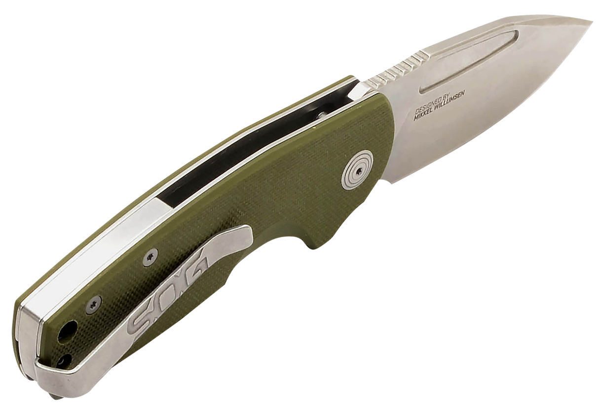 S.O.G SOG16030157 Stout SJ 2.60" Folding Clip Point Plain Stonewashed Cryo D2 Steel Blade/ Olive Drab Textured G10 Handle Includes Belt Clip