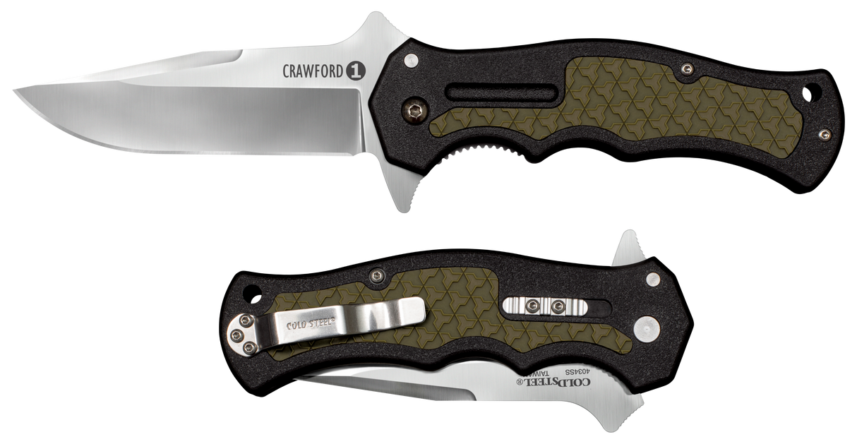 Cold Steel CS20MWCZ Crawford 1 3.50" Folding Plain Clip Point 4034 Stainless Steel Blade Black w/OD Green Traction Inlays GRN Handle Blister Pack Packaging