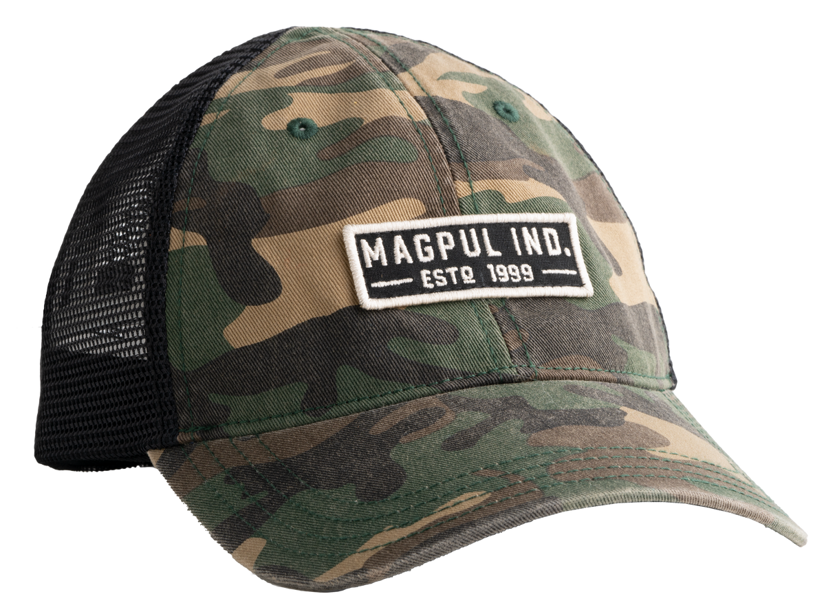 Magpul MAG1260964 Established Garment Trucker Hat Woodland Camo Adjustable Snapback OSFA Embroidered Patch