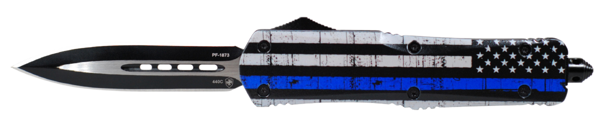 Templar Knife LBTB131 Back The Blue Gen II Large 3.50" OTF Dagger Plain Black Oxide Stonewashed 440C SS Blade/ 5.25" Black & White w/Blue Line Aluminum Handle Features Glass Breaker Includes Pocket Clip/Sheath
