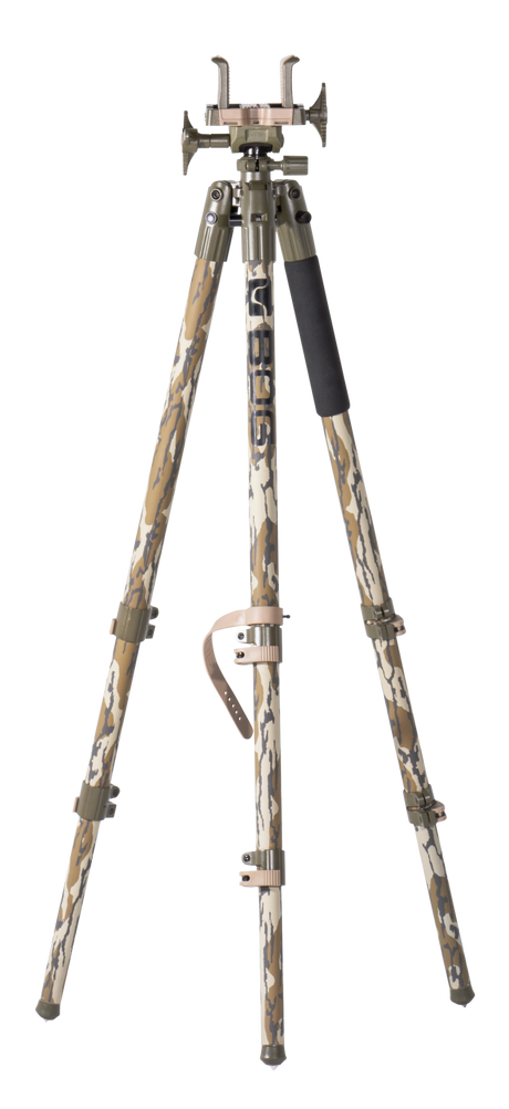 Bog-Pod 1164398 DeathGripTripod made of Mossy Oak Bottomland Finish Aluminum with Steel Feet, 360 Degree Pan, Integrated Bubble Level & Lever-Leg Locks