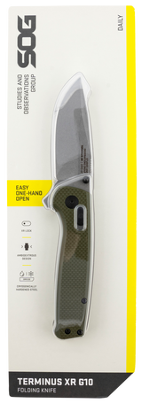S.O.G SOGTM1022CP Terminus XR 2.95" Folding Plain Clip Point Stone Washed D2 Steel Blade/Olive Drab Textured G10 Handle