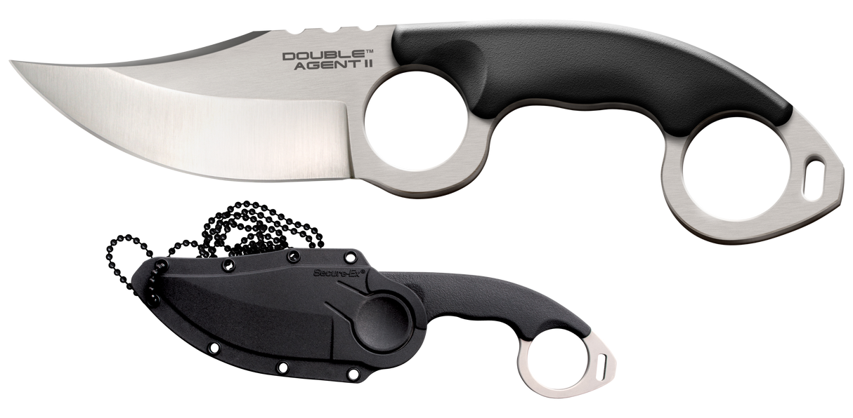 Cold Steel CS39FN Double Agent ll 3" Fixed Plain Satin AUS-8A SS Blade Black w/Double Ring Griv-Ex Handle Includes Bead Chain Lanyard/Sheath